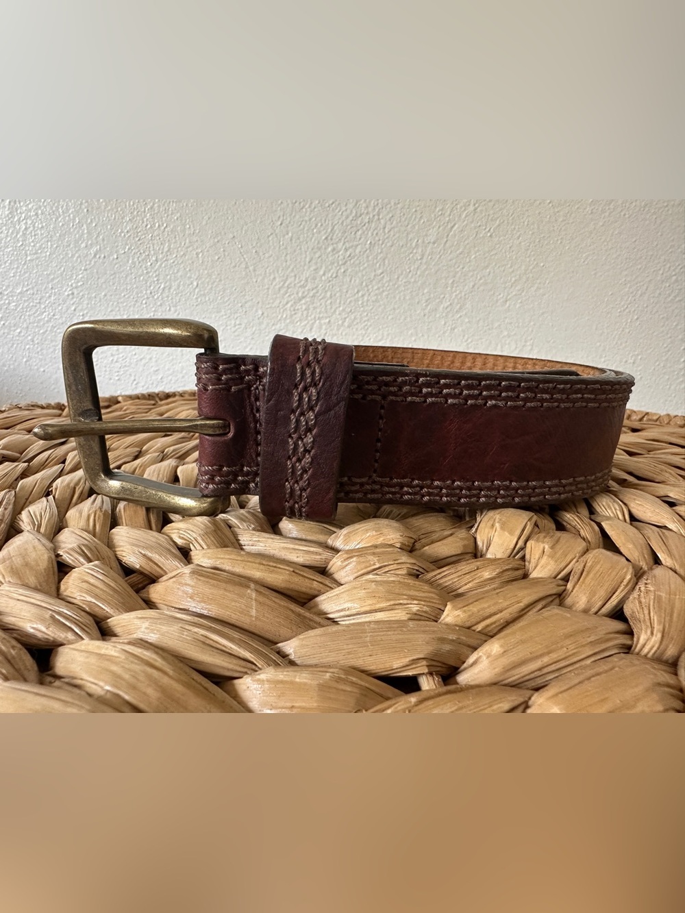 L.L. Bean Dark Brown Stitched Leather Belt with Brass Buckle